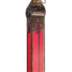 Tall Moroccan Style Glass Lantern with red glass