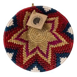 Ethical African basket with thick Pink, Red and navy blue Star pattern top view view