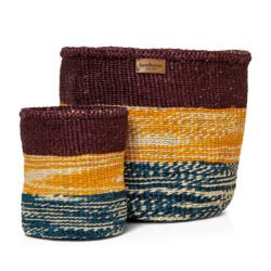 Maroon, yellow and blue streaky coloured african woven basket, small and medium size