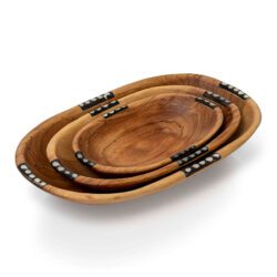 Side view of Set of 3 stacking natural olive wood oval shaped serving bowls with bone detail on edge