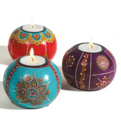 Hand Painted Wooden Round Tealight Holders in red, blue and purple with Indian design