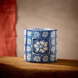 Ethical pillar candle with Delft pattern