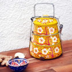 Ethically sourced yellow tiffin box hand painted with flowers