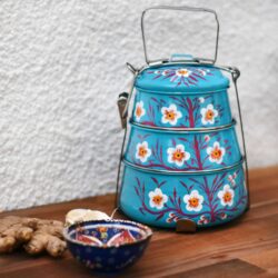 Ethically source blue tiffin box hand painted with flowers